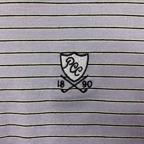 Peter Millar Polo Shirt Mens M Purple Cotton Black Striped Short Sleeve High Low - Picture 4 of 9